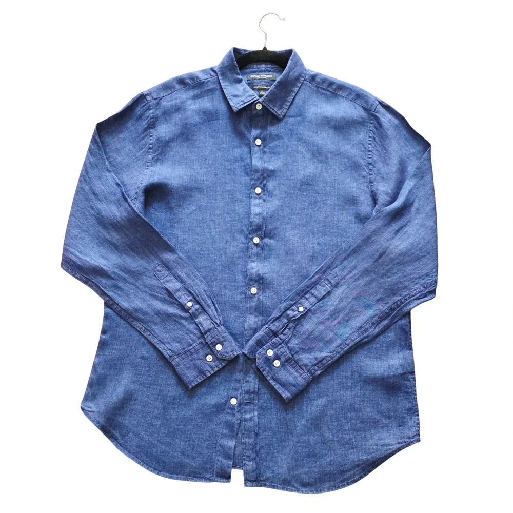 Banana Republic Men's Blue Linen Camden Standard Fit Long Sleeve Shirt Sz  L